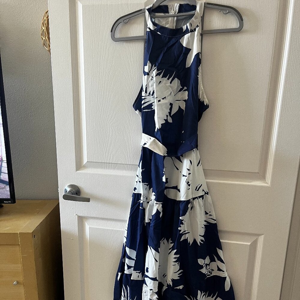 Blue Floral Print Tie Back Peekaboo Dress